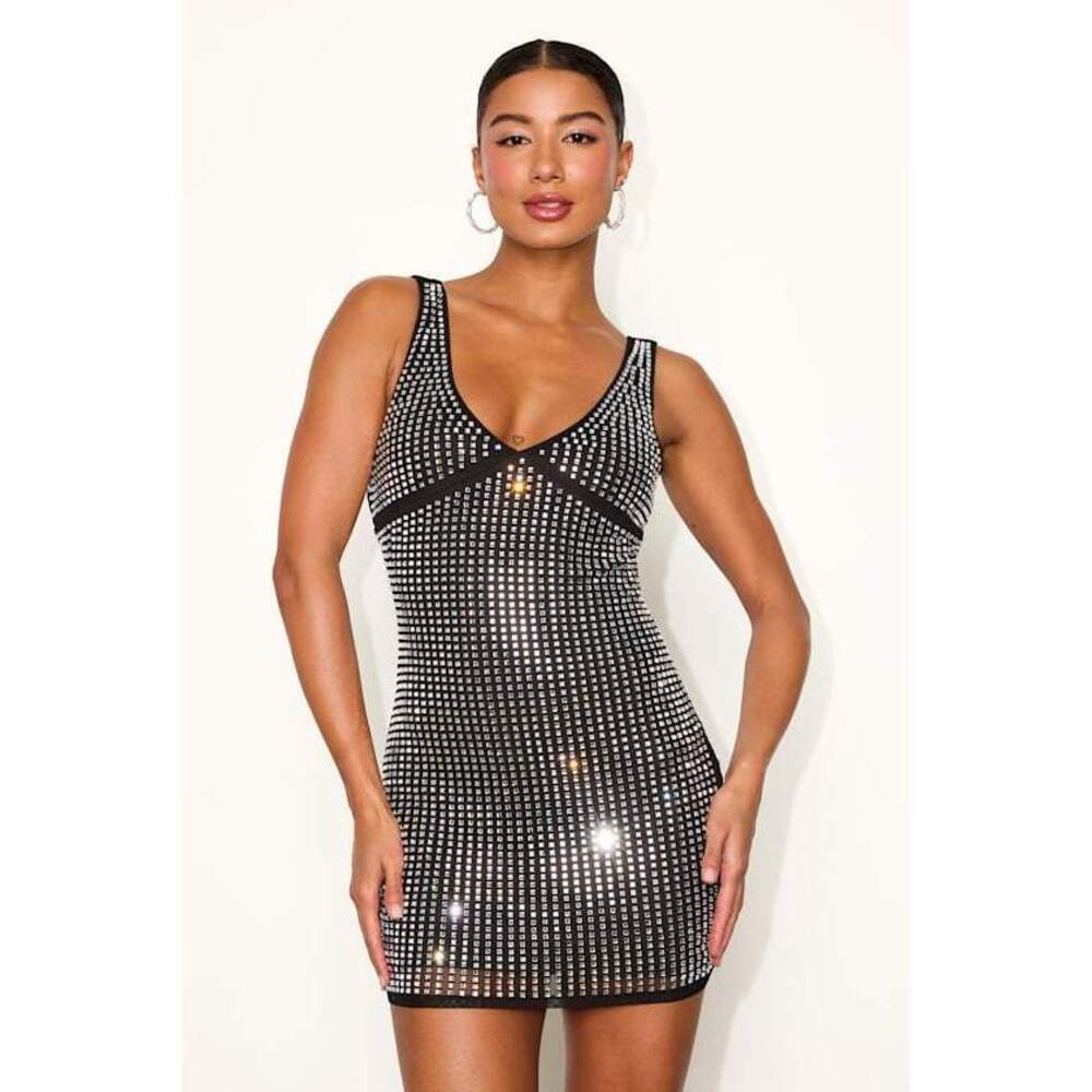 Chembery Narela Black And Silver Rhinestone Backless Bodycon Mini Dress - Size S